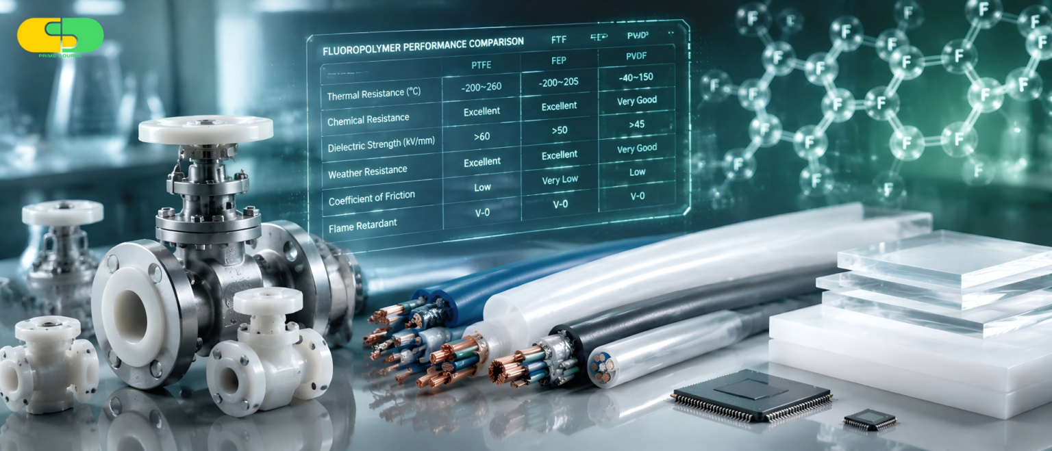 FEP vs PTFE vs PVDF material comparison showing industrial resins, cables, tubes, and sheets for chemical and thermal applications