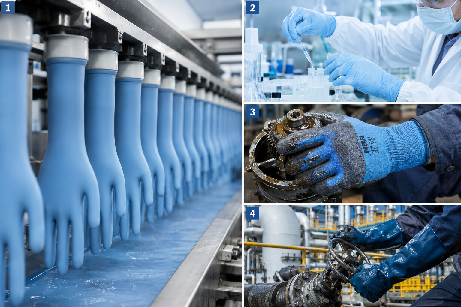 NBR latex gloves manufacturing and protection tiers from disposable medical to heavy duty oil resistant industrial work gloves
