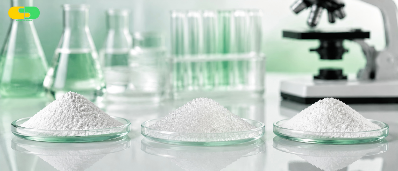 Fluoropolymers comparison showing fine powders of PTFE, FEP, and PVDF resins for industrial chemical and thermal application